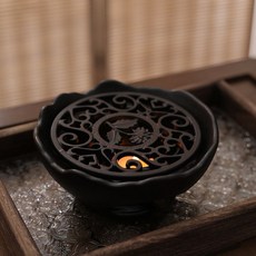 陶瓷溫茶器 仿古中式暖茶爐 蠟燭加熱保溫爐座, 1個, 爐座黑色+黑色菊花鐵墊+燭託