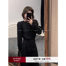 哩哩小姐 高級感氣質黑色圓領套頭長袖 小眾設計感顯瘦上衣, 1個, 褶皺襯衫(現貨),m