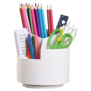 일상픽 360도 회전 원형 3칸 데스크오거나이저 연필꽂이, 화이트, 1개