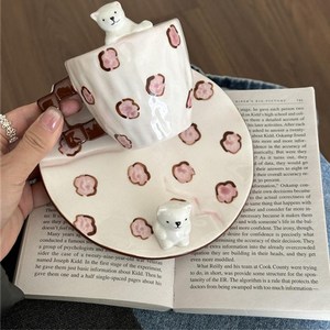 철딱서니 핸드메이드 3D 머그컵 귀여운 입체 핸드메이드 세라믹 컵인 개성적 크리에이티브 북극곰 커피 컵과 접시 세트, 1세트, 아이보리-플라워세트