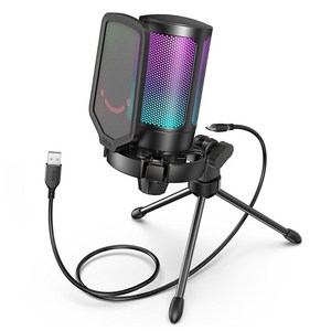 피파인 USB 스탠드 원터치 음소거 콘덴서 게이밍 마이크 컴퓨터용 방송용 녹음용 팟캐스트 스트리밍 유튜브 RGB 램프 볼륨 노브 헤드폰 잭 A6V, 검정
