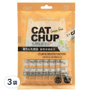 CAT CHUP 喵洽普 貓咪肉泥 不含穀物 腸胃保健配方 雞肉 + 乳酸菌, 雞肉 + 乳酸菌, 98g, 3袋