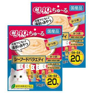 INABA CIAO 啾嚕 肉泥, 鰹魚、宗田鰹 + 柴魚片、鮪魚 + 丁香魚、雞肉 + 鮭魚, 280g, 2袋