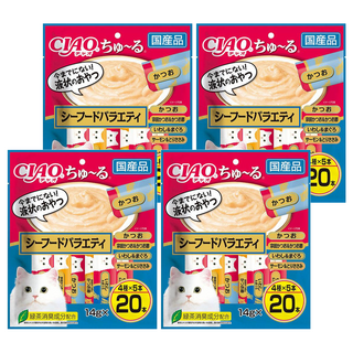 INABA CIAO 啾嚕 肉泥, 鰹魚、宗田鰹 + 柴魚片、鮪魚 + 丁香魚、雞肉 + 鮭魚, 280g, 4袋
