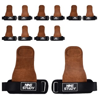 NINE STUDY 頂級皮革防滑重訓拉力帶 助力帶 引體向上輔助帶 護掌 150g, 咖啡色, 6雙