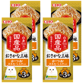 INABA CIAO 啾嚕 豪華魚三昧餐包, 鰹魚 + 雞肉 + 吻仔魚, 180g, 4袋