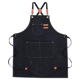 日式職人工作圍裙 68x76cm 純棉帆布+皮革 黑色 防皺耐磨 水洗工藝, 1個