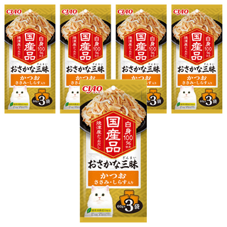 INABA CIAO 啾嚕 豪華魚三昧餐包, 鰹魚 + 雞肉 + 吻仔魚, 180g, 5袋