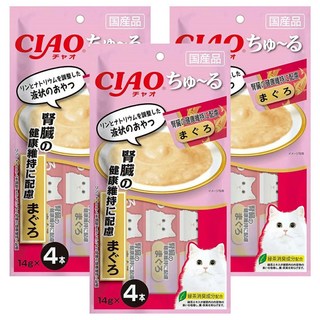 INABA CIAO 啾嚕 肉泥 腎臟保健配方 日本國產 綠茶消臭 條狀包裝 14gx4本, 鮪魚, 56g, 3袋