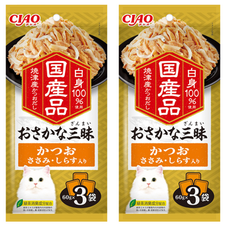 INABA CIAO 啾嚕 豪華魚三昧餐包, 鰹魚 + 雞肉 + 吻仔魚, 180g, 2袋