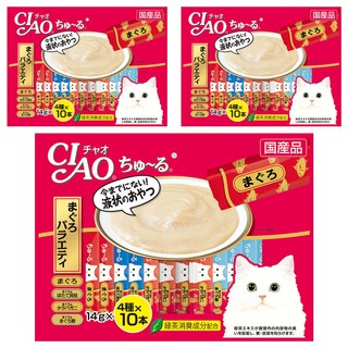 INABA 肉泥 鮪魚四種口味, 鮪魚&鮪魚 + 干貝&鮪魚 + 鱈場蟹&鮪魚 + 鮪魚片, 560g, 3袋