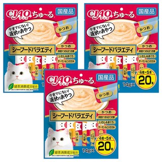 INABA CIAO 啾嚕 肉泥, 鰹魚、宗田鰹 + 柴魚片、鮪魚 + 丁香魚、雞肉 + 鮭魚, 280g, 3袋