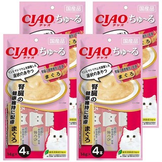 INABA CIAO 啾嚕 肉泥 腎臟保健配方 日本國產 綠茶消臭 條狀包裝 14gx4本, 鮪魚, 56g, 4袋