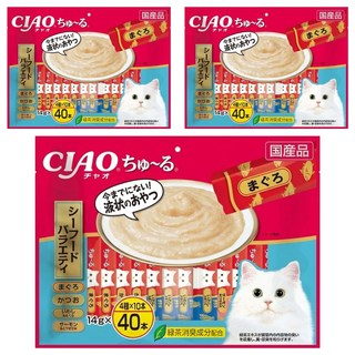 INABA CIAO 啾嚕 肉泥, 鮪魚、鰹魚、鮪魚 + 丁香魚、雞肉 + 鮭魚, 560g, 3袋