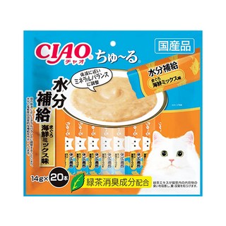 INABA CIAO 啾嚕 肉泥 水分補給 20入 綠茶消臭成分配合 條狀包裝方便餵食, 鮪魚海鮮綜合, 280g, 1袋