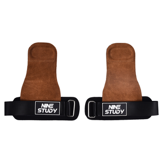 NINE STUDY 頂級皮革防滑重訓拉力帶 助力帶 引體向上輔助帶 護掌 150g, 21.5 x 19cm, 咖啡色, 1雙