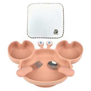 CHING-CHING 親親 兒童餐具組 (螃蟹) 台灣製 無毒矽膠餐盤 + 紗布方巾, 1組, 磚紅色