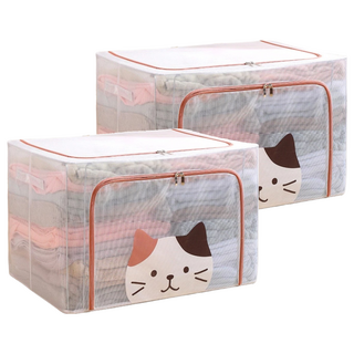 超大透明防水雙開收納箱 萌貓款 22L PVC材質, 40 x 29 x 20cm, 橘色, 2個