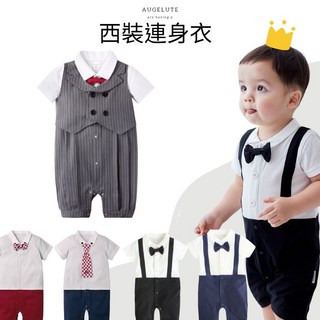 Augelute Baby童衣 男寶寶假兩件紳士領結爬服柔軟舒適圓領短袖連身衣方便穿脫換尿布
