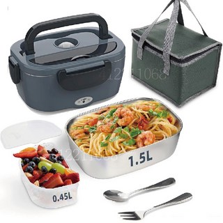 電熱便當盒 304不鏽鋼 分格保溫 插電快速加熱 大容量 辦公室 宿舍必備, 灰藍(贈收納包+餐具組+車充美規線), 1個