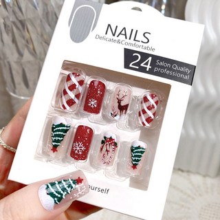 在臺出貨 聖誕節假指甲紅色系 聖誕樹雪花小鹿圖案 中款方型穿戴甲片, 1個, 聖誕小鹿送膠水果凍膠工具包