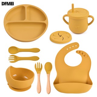 DFMEI 9件嬰兒餐具套裝硅膠碗圓形笑臉餐盤圍嘴分格式餐盤碗勺叉杯套裝, 1個, Y17, 小吸盤餐盤+圍兜+碗+愛心杯+零食蓋+木柄勺叉+硅膠勺叉