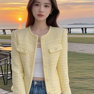 봄가을 여성 트위드 자켓 캐주얼 하객룩 점퍼 상의 패션 명원풍 기질 라운드 긴팔 코트 LJX