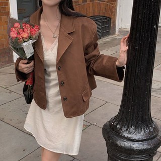 쪼예 봄 가을 스웨이드 루즈핏 세미 크롭 긴팔 자켓