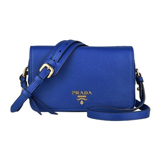 PRADA VITELLO PHENIX金屬浮雕LOGO磁扣翻蓋小牛皮斜背包(多色), 藍