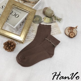 【HanVo】日系復古撞色木耳花邊中筒襪 甜美可愛百搭中筒短襪 白襪 女生襪子