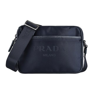 PRADA 刺繡LOGO尼龍滾邊皮革拉鍊斜背相機包(海軍藍), 1個, 海軍藍