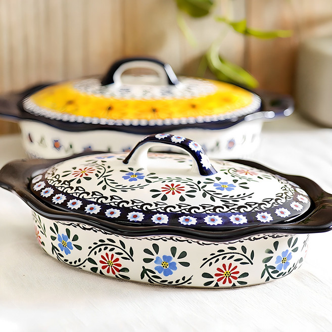 MAISON OBJET PRACA陶瓷烤盤附蓋子, 鳶尾花, 1組