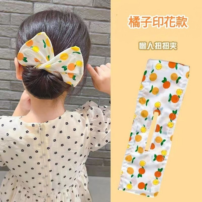 寶媽角落生活館 魔術扭扭夾蝴蝶結髮帶 懶人盤髮器 丸子頭髮飾, 1個, 橘子印花款