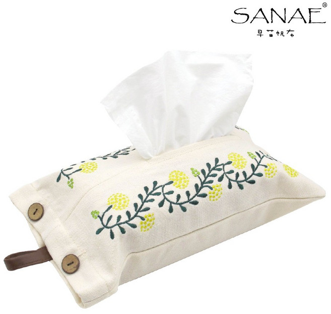 SANAE掛式面紙套 清新 掛牆收納 棉麻材質 居家裝飾, 黃花刺繡款, 米色