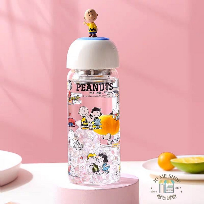 PEANUTS 史努比公仔玻璃杯 380ml 高硼矽耐熱防漏水瓶 附304不鏽鋼茶漏, 查理380ml, 1個