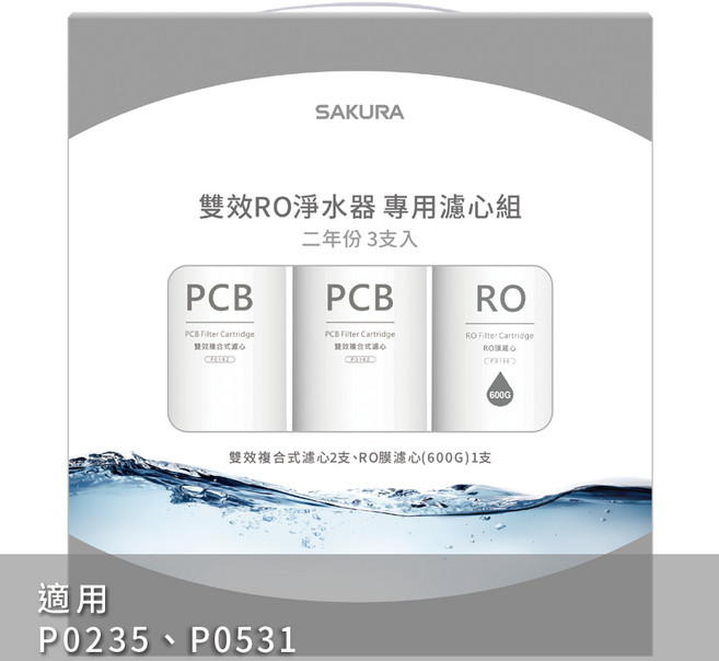 SAKURA櫻花 RO淨水器專用濾心組 (適用P0265 P0531 F0162兩支 F0186一支) 雙效複合RO膜, 1個, F2194