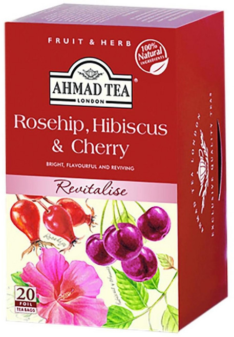 AHMAD TEA 玫瑰果洛神花 & 櫻桃活力茶, 2g, 20入, 1個