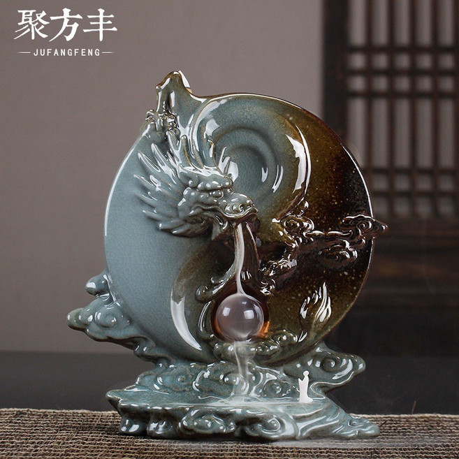 聚方豐 祥龍盛世 陶瓷工藝品 倒流香薰爐 檀香爐 居家裝飾擺件, 灰色