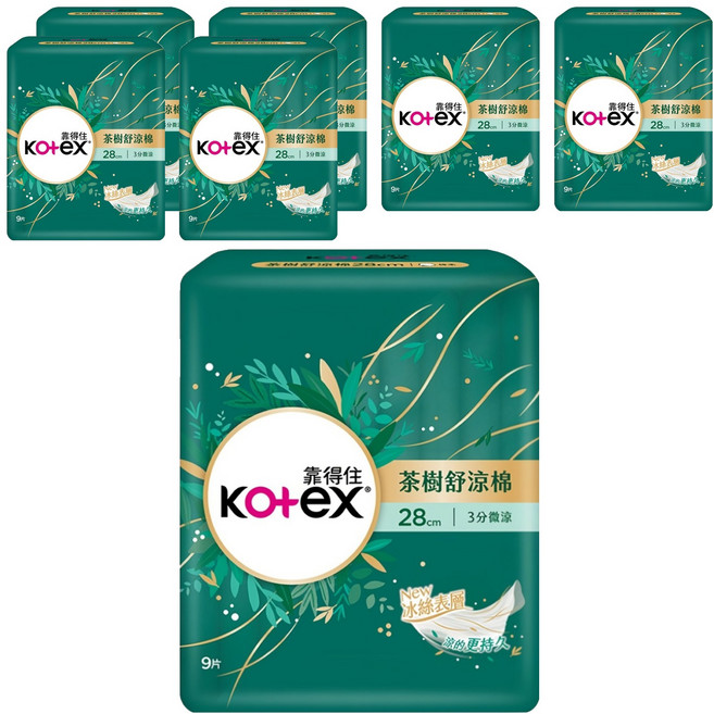 Kotex 靠得住 茶樹舒涼 涼感衛生棉 3分微涼 護翼型, 夜用一般型 28cm, 9片, 7包