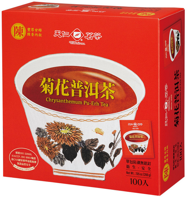 天仁茗茶 菊花普洱茶 防潮包, 2g, 100包, 1盒