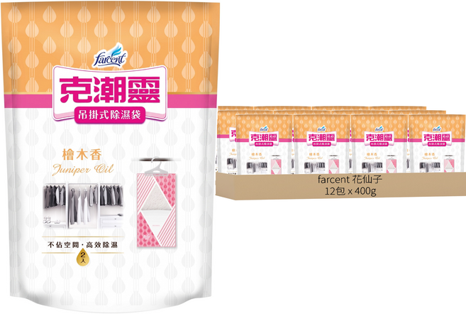 farcent 花仙子 克潮靈 吊掛式除濕袋 檜木香 2個, 400g, 12包