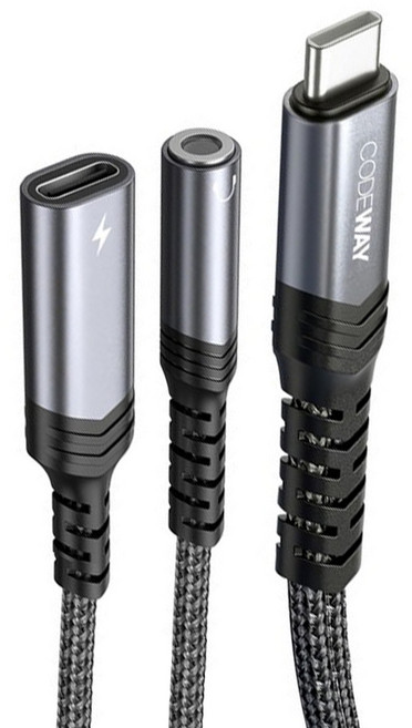 CODEWAY USB C-Type 轉 3.5mm 耳機麥克風雙孔音源轉接線, 灰色, 0.28m, 1個