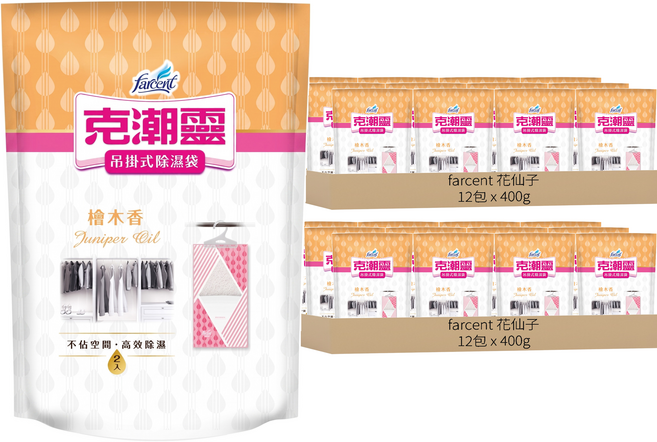 farcent 花仙子 克潮靈 吊掛式除濕袋 檜木香 2個, 400g, 24包