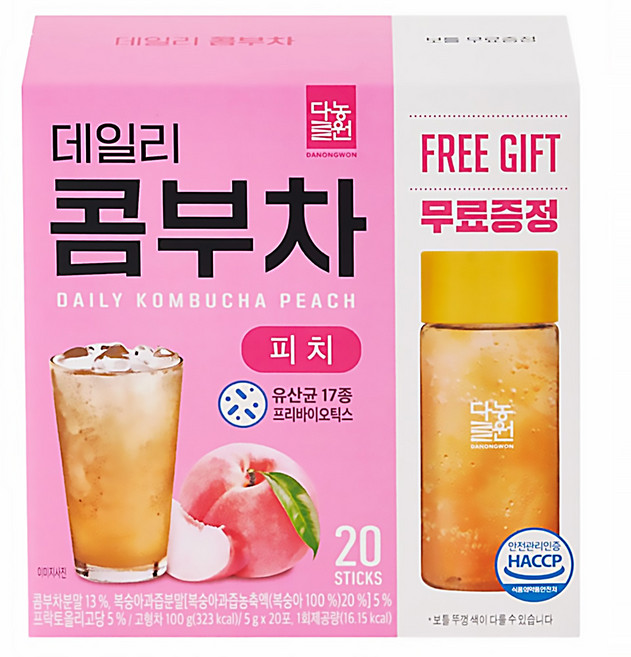 Danongwon 乳酸菌康普茶 + 瓶子 水蜜桃, 20包, 5g, 1盒