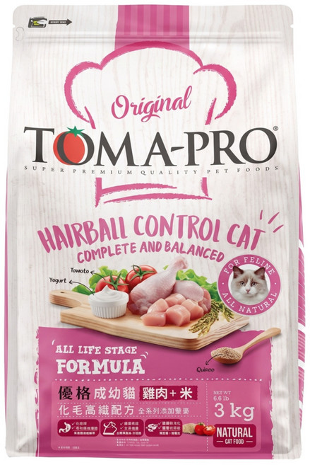 TOMA-PRO 優格 成幼貓 化毛高纖配方 乾飼料, 3kg, 1袋, 雞肉 + 米