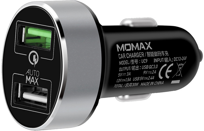 MOMAX 雙USB輸出汽車快速充電器, UC9, 黑色