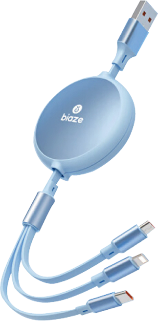 biaze 畢亞茲 伸縮三合一快充傳輸線 USB-Type-C/Lightning/Micro 100W, 1.2m, 清新藍, 1條