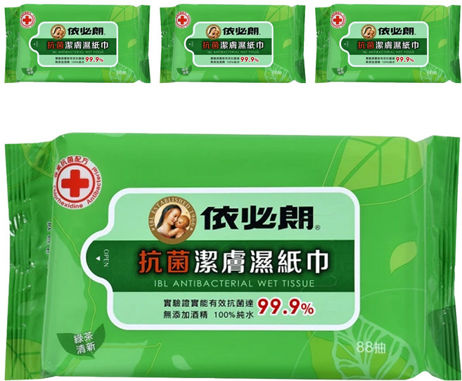 依必朗 抗菌超柔潔膚濕紙巾 綠茶清新, 88張, 4包