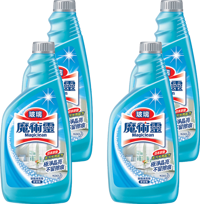 Kao 花王 Magiclean 魔術靈 台灣公司貨 玻璃清潔劑 更替瓶 檸檬香, 500ml, 4瓶