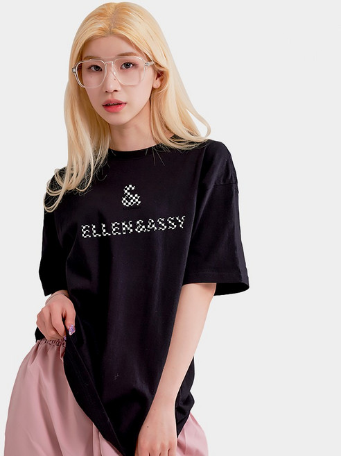 Ellen Asi 20支棋盤格基本款寬鬆版型透氣短袖T恤, 黑色